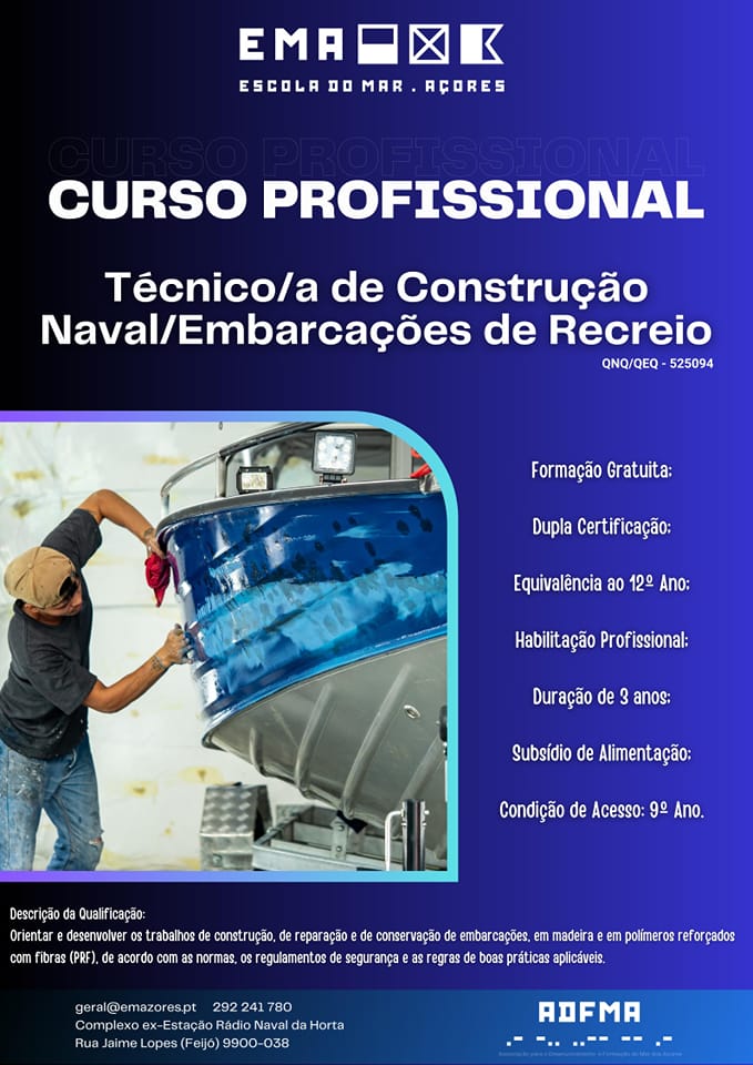 Abertura das inscrições para Curso Profissional de Técnico/a de Construção Naval/Embarcações de Recreio